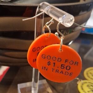 BAR TOKEN EARRINGS "GOOD FOR $1.50 IN TRADE"